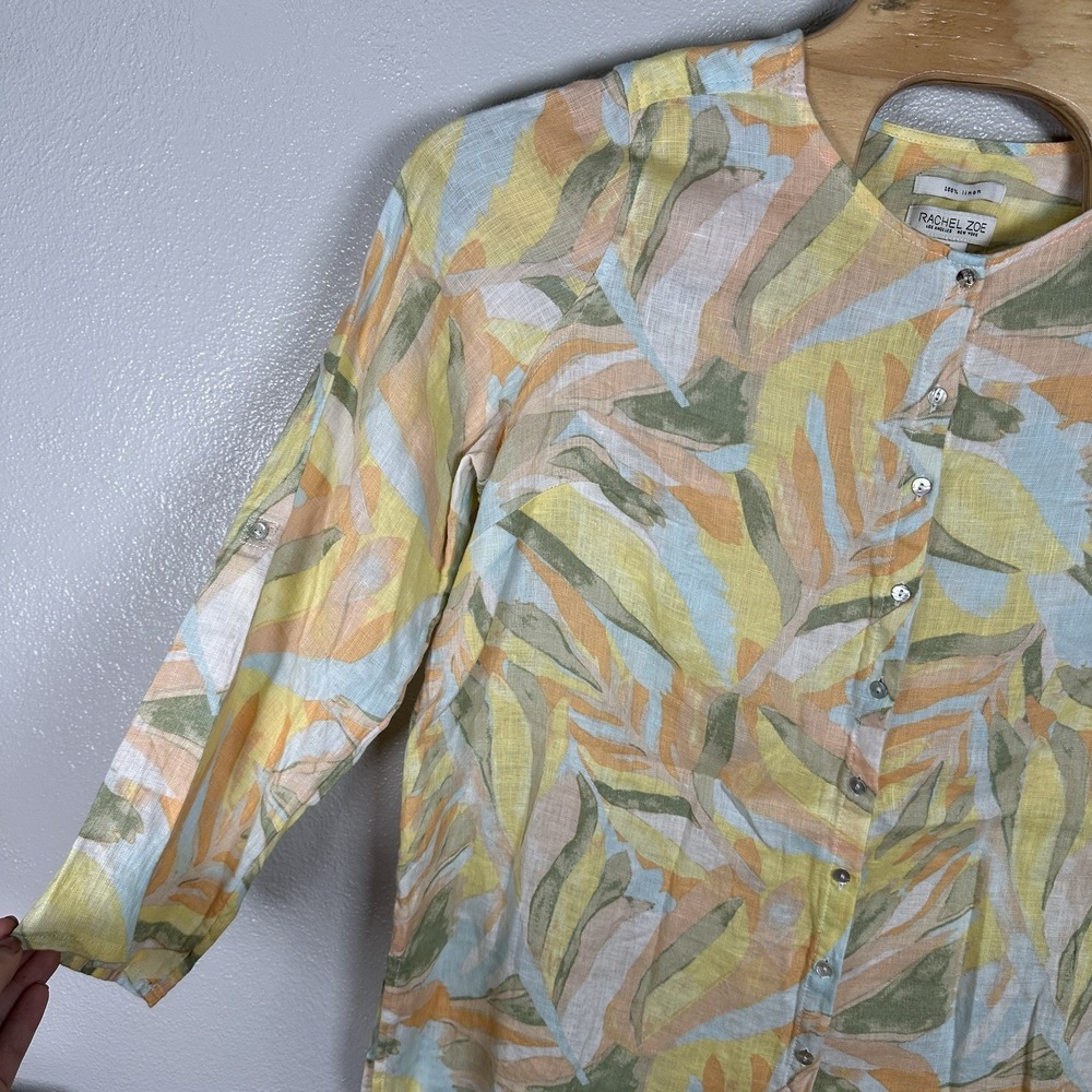 Rachel Zoe 100% Linen Button Up Tunic Top Womens 1X Pastel Floral Print Roll Tab - Picture 3 of 7